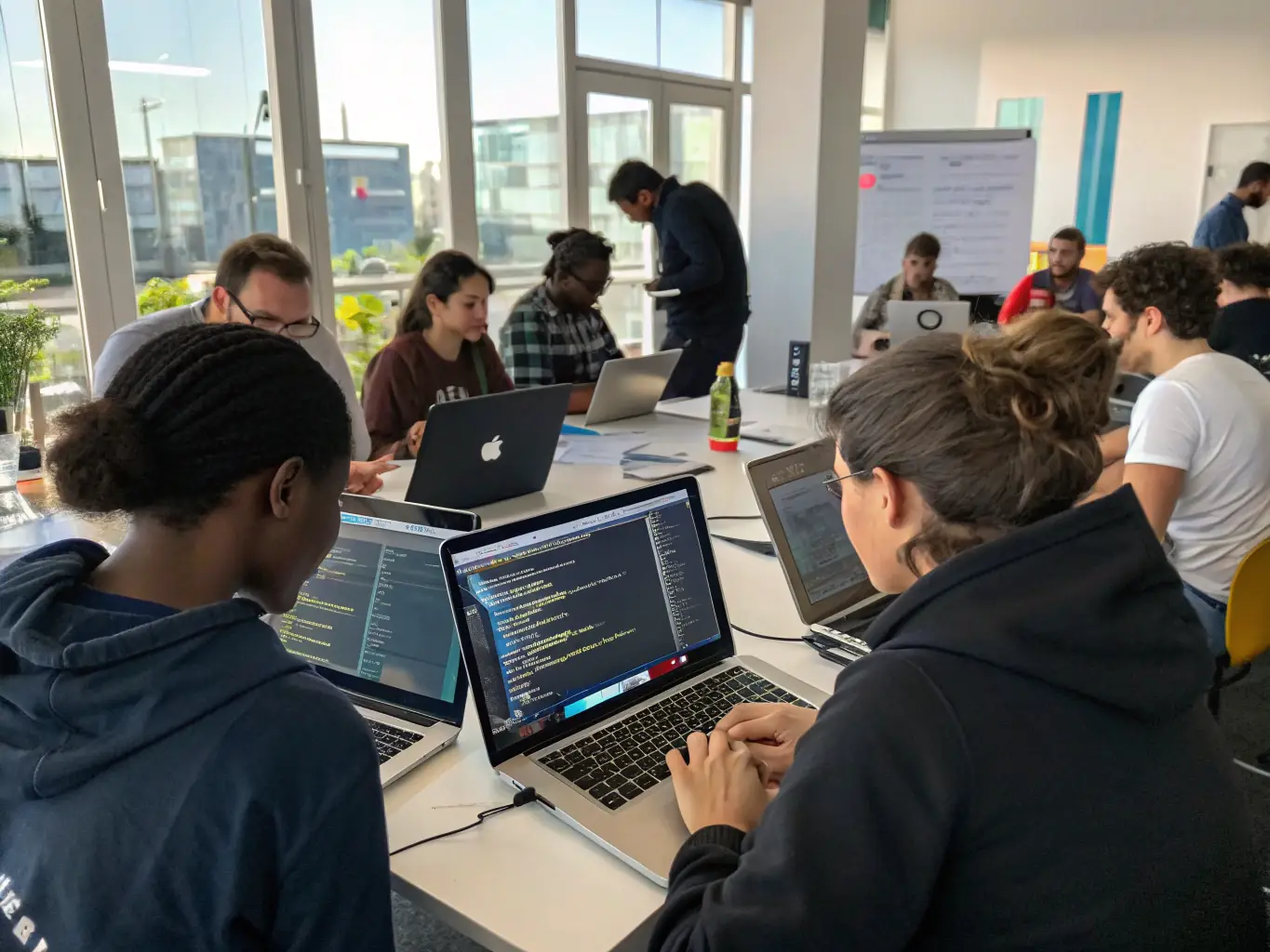 A team of software developers collaborating on a complex coding project, showcasing their expertise and dedication to creating innovative solutions.